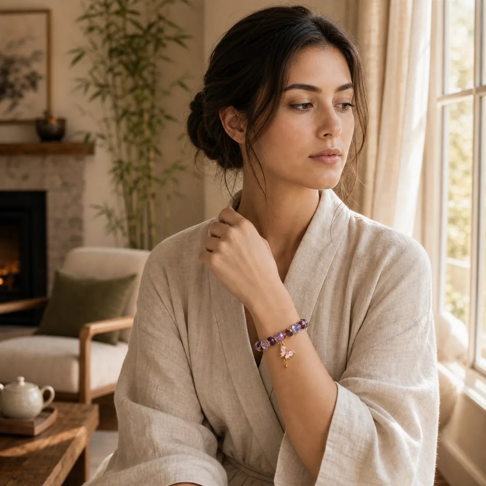 Natural Amethyst Sun Stone Butterfly Peace Bracelet featuring Amethyst, Sun Stone, Butterfly