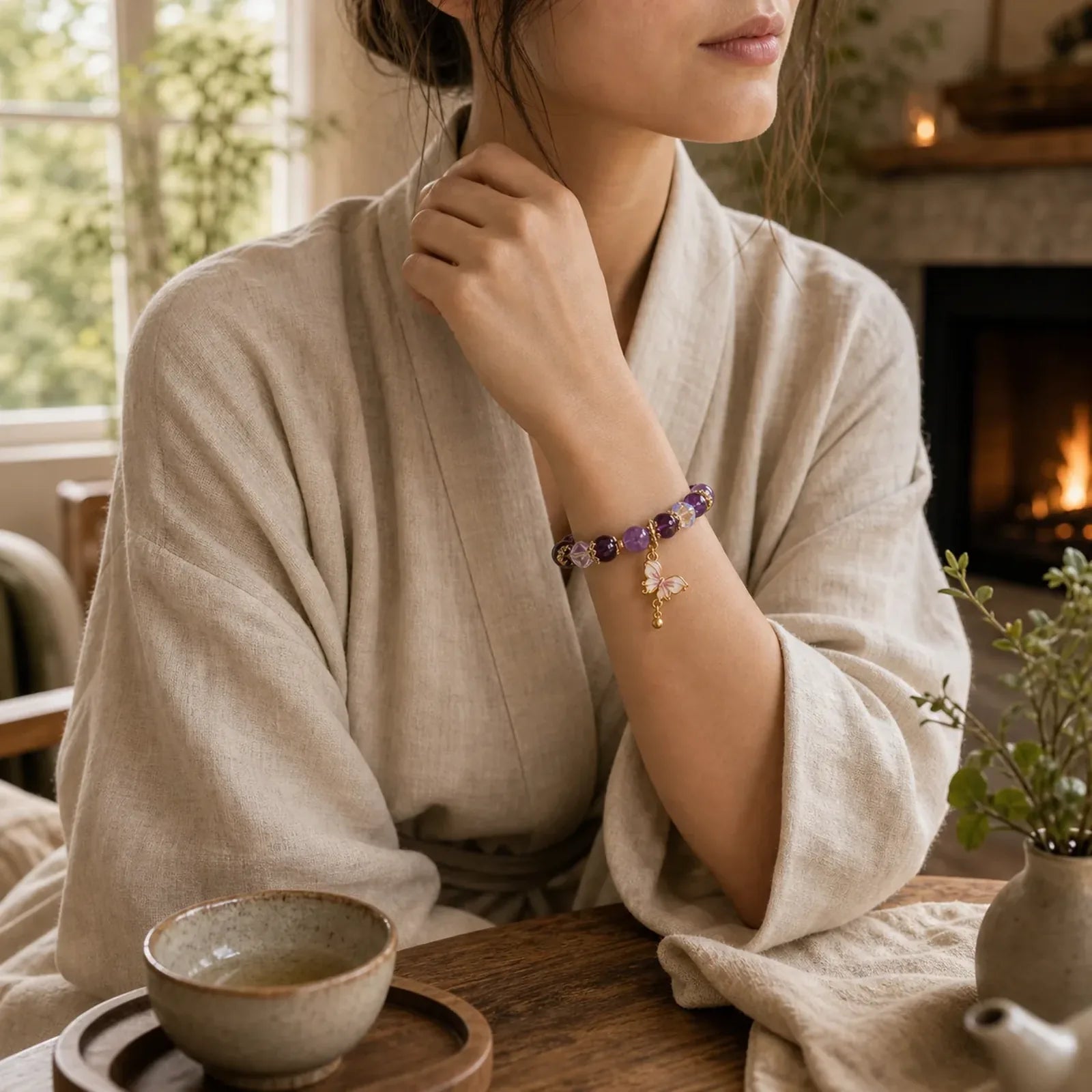 Natural Amethyst Sun Stone Butterfly Peace Bracelet featuring Amethyst, Sun Stone, Butterfly