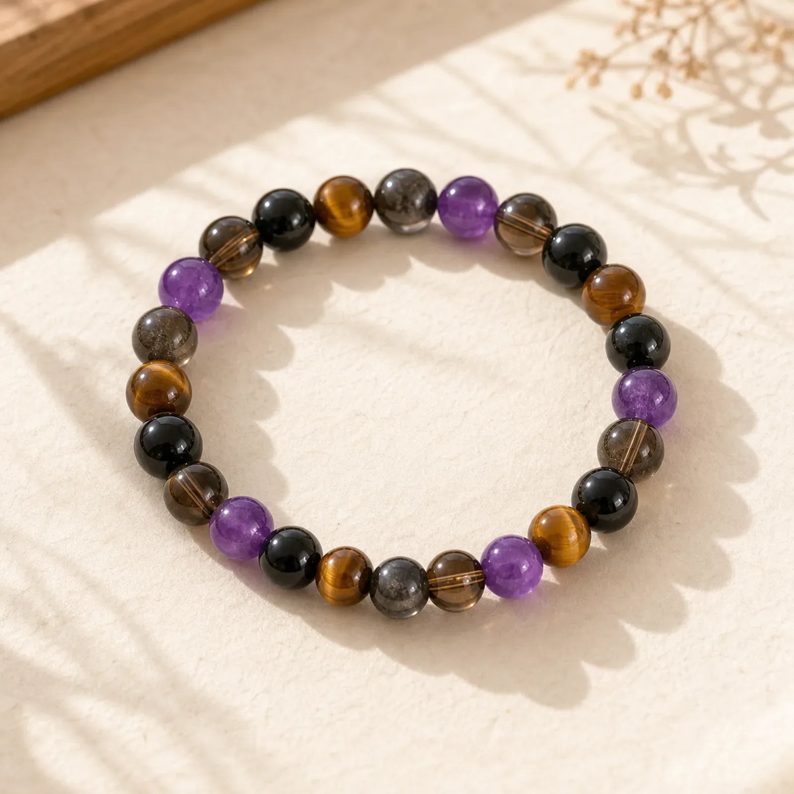 Natural Amethyst Tiger Eye Black Obsidian Smoky Quartz Healing Bracelet featuring Amethyst, Tiger Eye, Black Obsidian