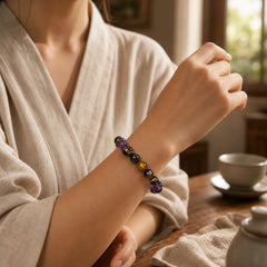 Natural Amethyst Tiger Eye Black Obsidian Smoky Quartz Healing Bracelet featuring Amethyst, Tiger Eye, Black Obsidian