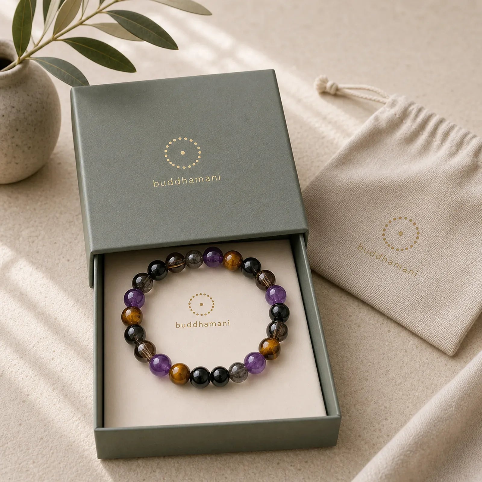 Natural Amethyst Tiger Eye Black Obsidian Smoky Quartz Healing Bracelet featuring Amethyst, Tiger Eye, Black Obsidian