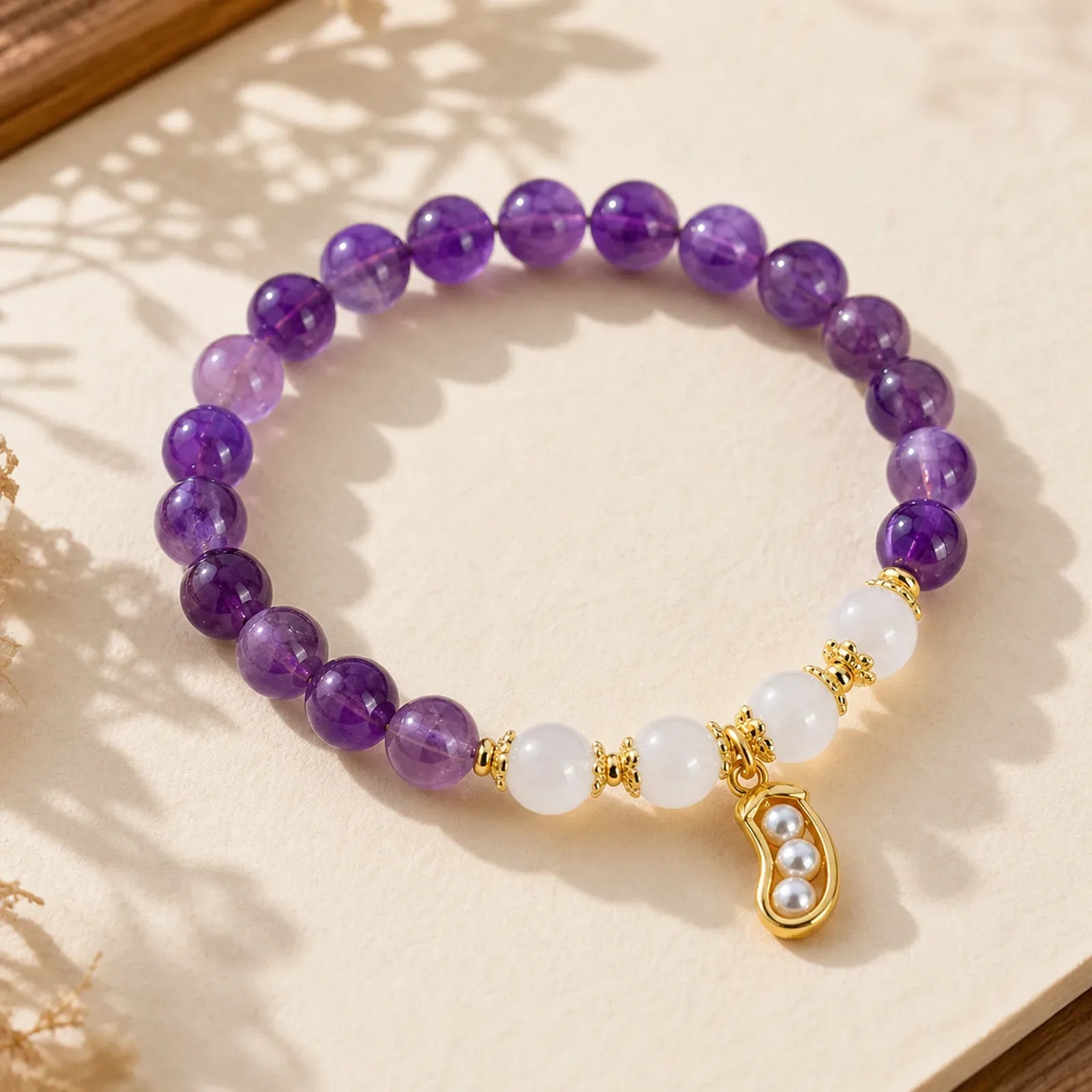 Natural Amethyst White Agate Peanut Good Things Happen Spiritual Bracelet featuring Amethyst, White Agate