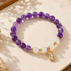 Natural Amethyst White Agate Peanut Good Things Happen Spiritual Bracelet featuring Amethyst, White Agate