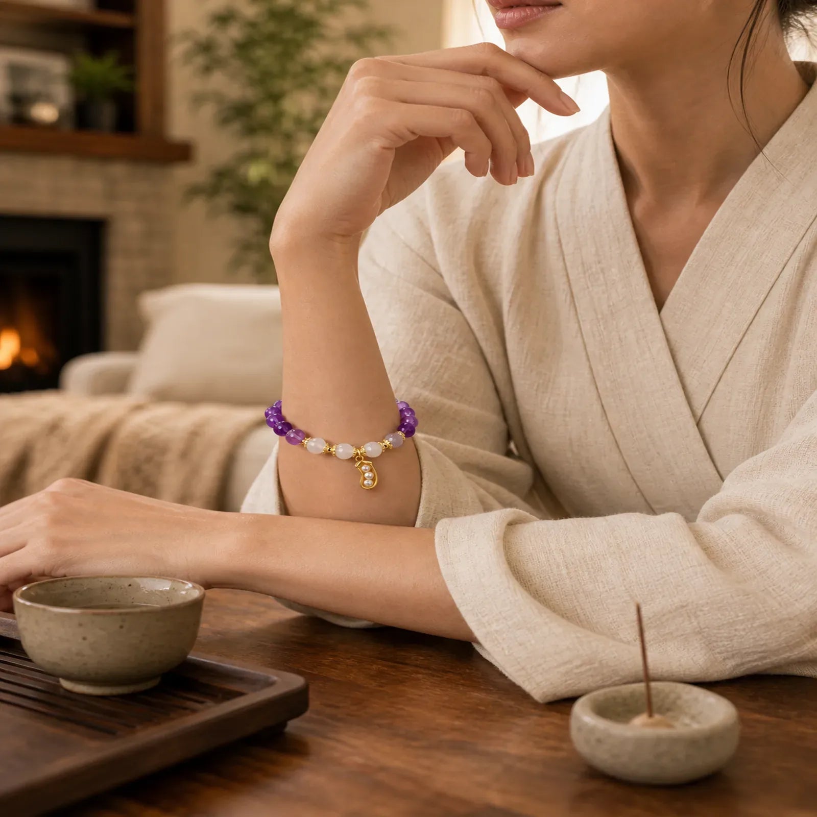 Natural Amethyst White Agate Peanut Good Things Happen Spiritual Bracelet featuring Amethyst, White Agate