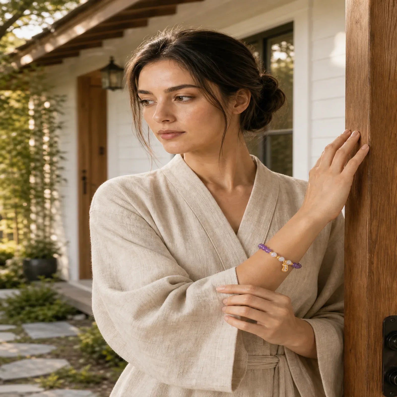 Natural Amethyst White Agate Peanut Good Things Happen Spiritual Bracelet featuring Amethyst, White Agate