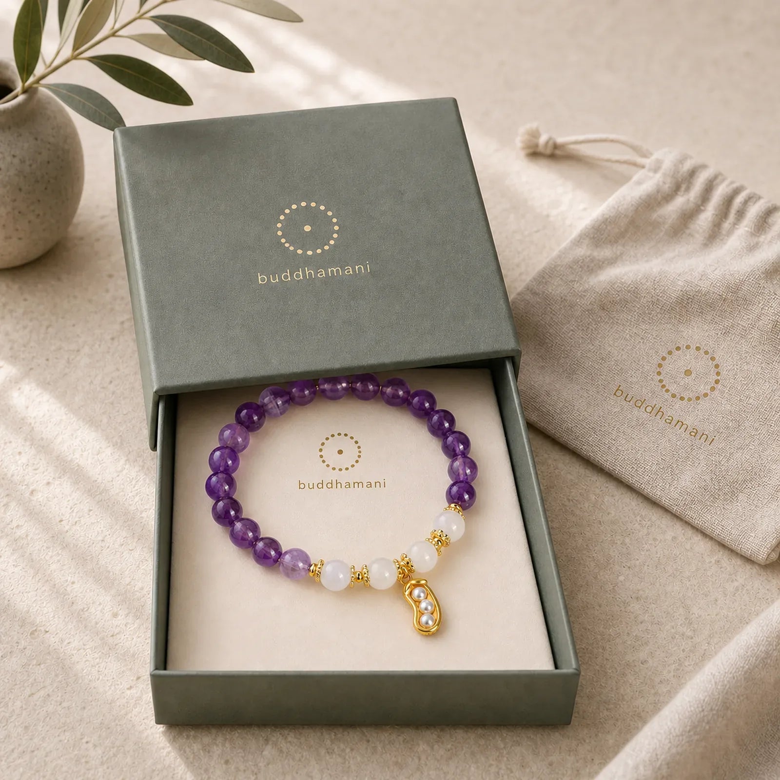 Natural Amethyst White Agate Peanut Good Things Happen Spiritual Bracelet featuring Amethyst, White Agate