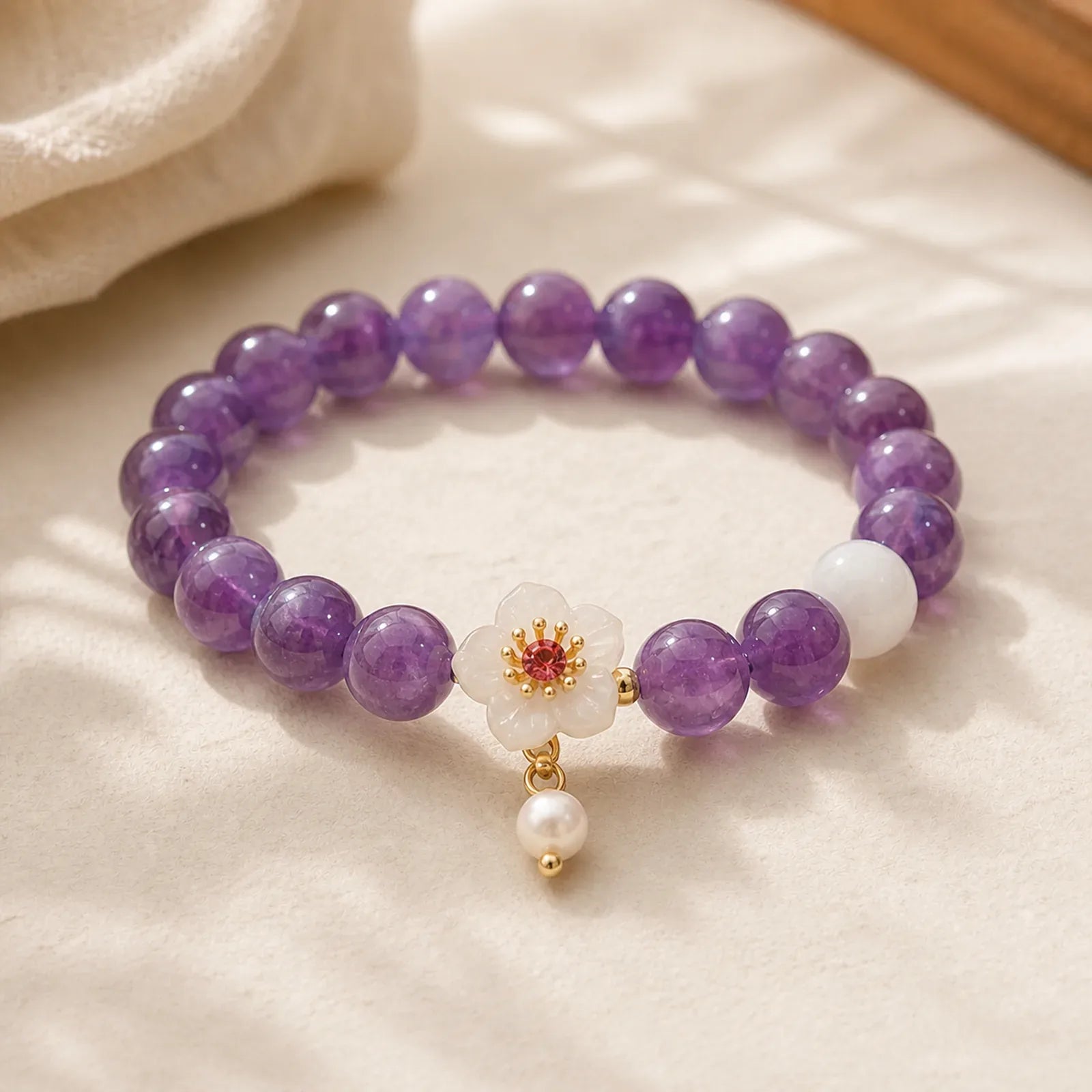 Natural Amethyst White Agate Pearl Charm Balance Bracelet featuring Amethyst, White Agate, Pearl