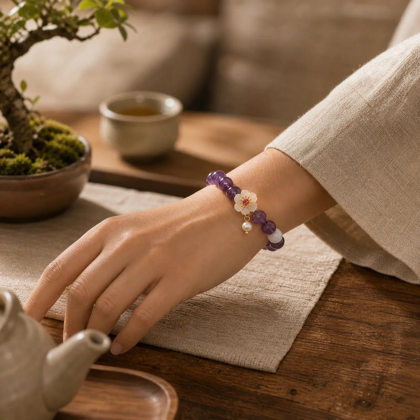 Natural Amethyst White Agate Pearl Charm Balance Bracelet featuring Amethyst, White Agate, Pearl