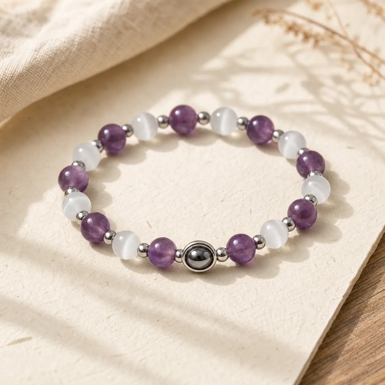 Natural Amethyst White Cat's Eye Beads Balance Bracelet featuring Amethyst, White Cat's Eye, Cat's Eye / Chrysoberyl
