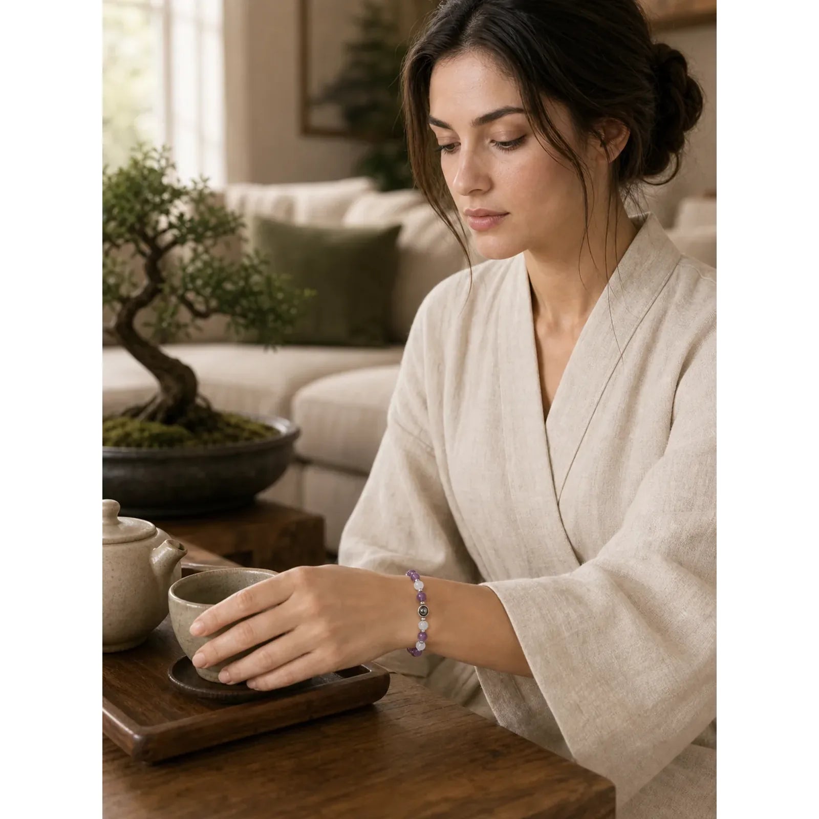 Natural Amethyst White Cat's Eye Beads Balance Bracelet featuring Amethyst, White Cat's Eye, Cat's Eye / Chrysoberyl