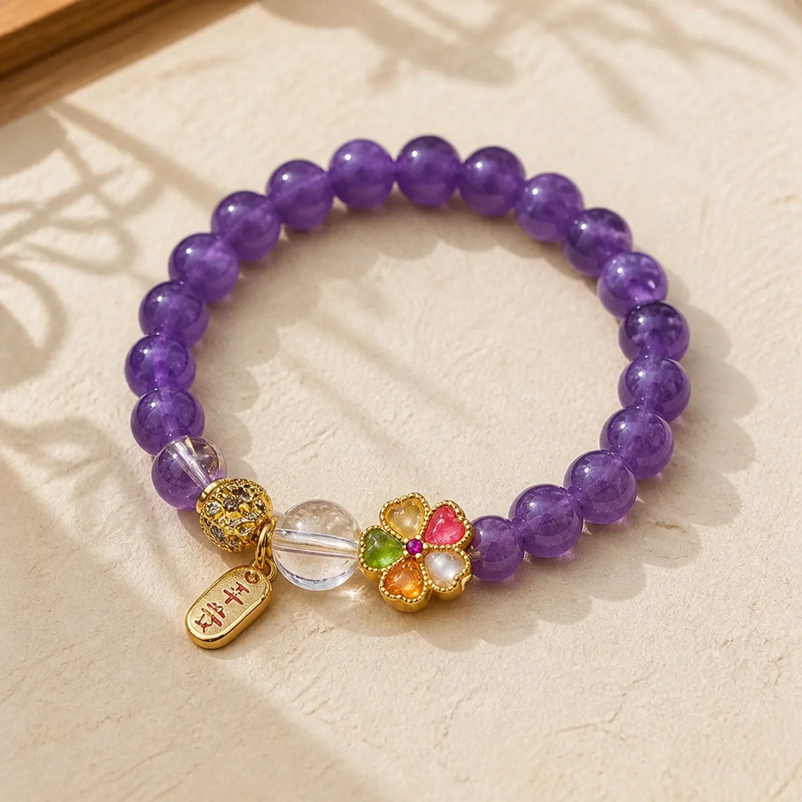Natural Amethyst White Crystal Flower Healing Safe And Well Charm Bracelet featuring Amethyst, Clear Quartz / White Crystal, Copper