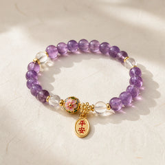 Natural Amethyst White Crystal Flower Healing Safe And Well Charm Bracelet featuring Amethyst, Clear Quartz / White Crystal, Copper