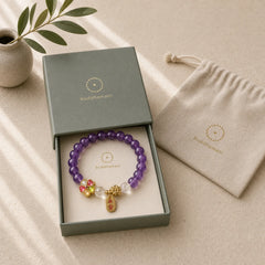Natural Amethyst White Crystal Flower Healing Safe And Well Charm Bracelet featuring Amethyst, Clear Quartz / White Crystal, Copper