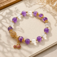 Natural Amethyst White Crystal Positive Cherry Charm Bracelet featuring Amethyst, Clear Quartz / White Crystal
