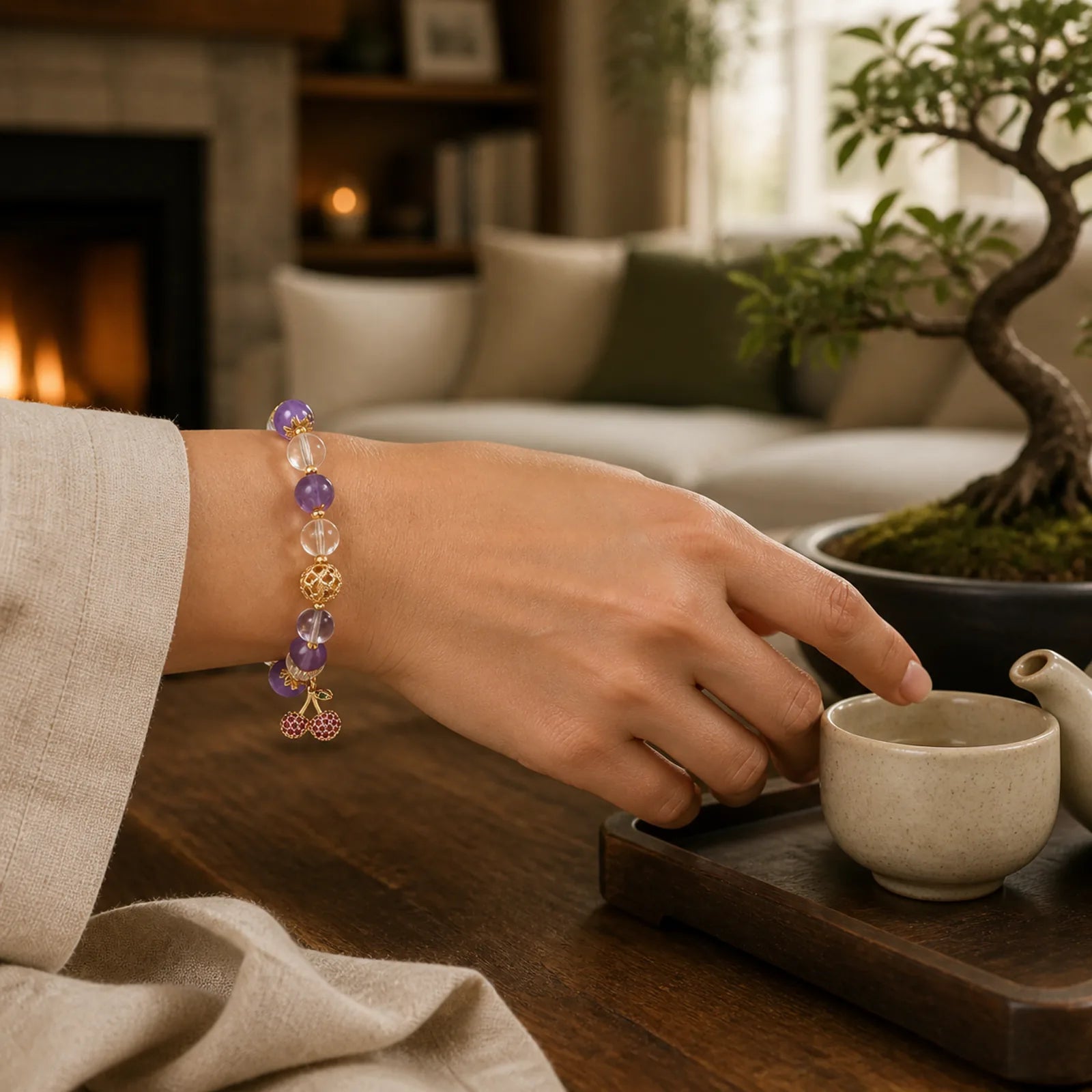 Natural Amethyst White Crystal Positive Cherry Charm Bracelet featuring Amethyst, Clear Quartz / White Crystal