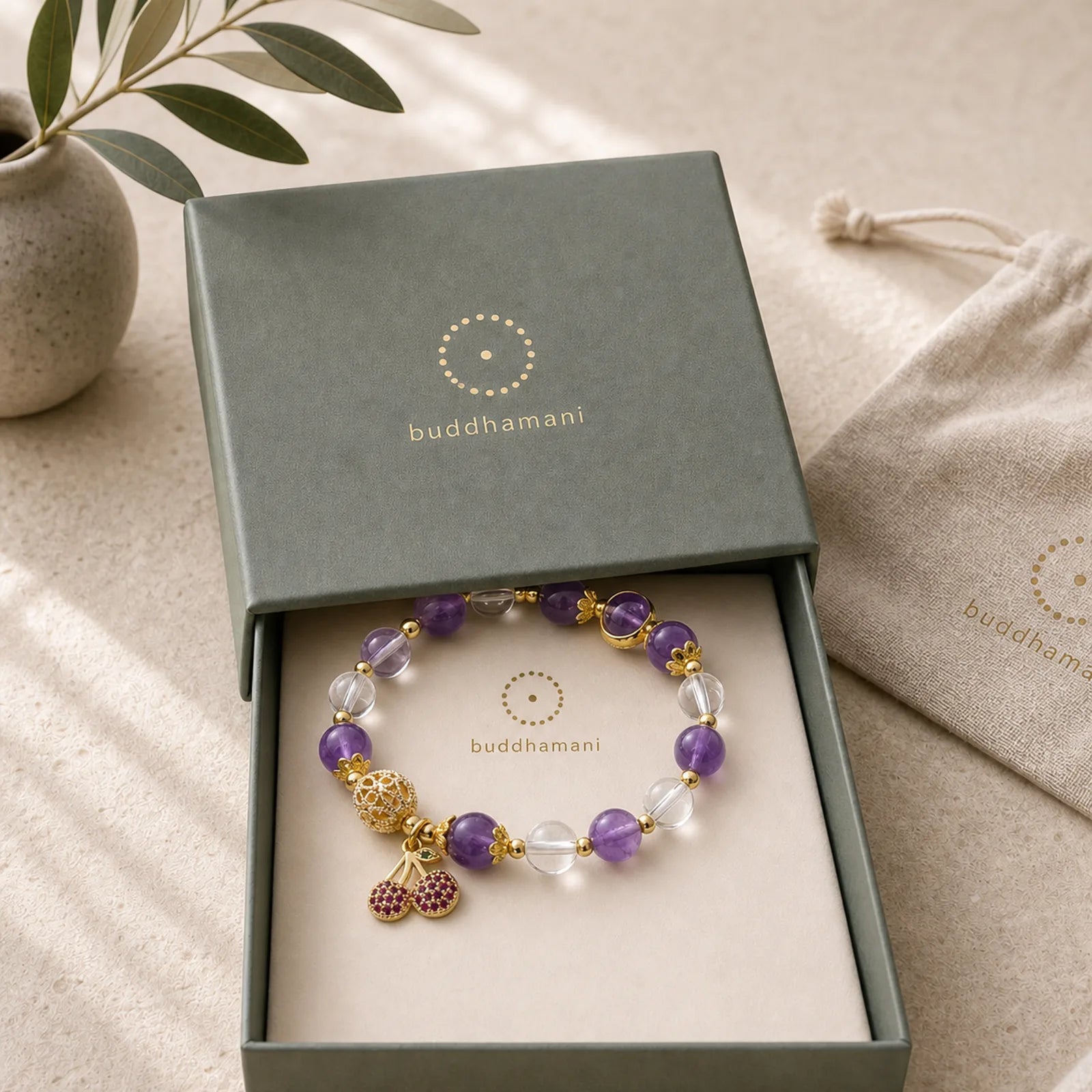 Natural Amethyst White Crystal Positive Cherry Charm Bracelet featuring Amethyst, Clear Quartz / White Crystal