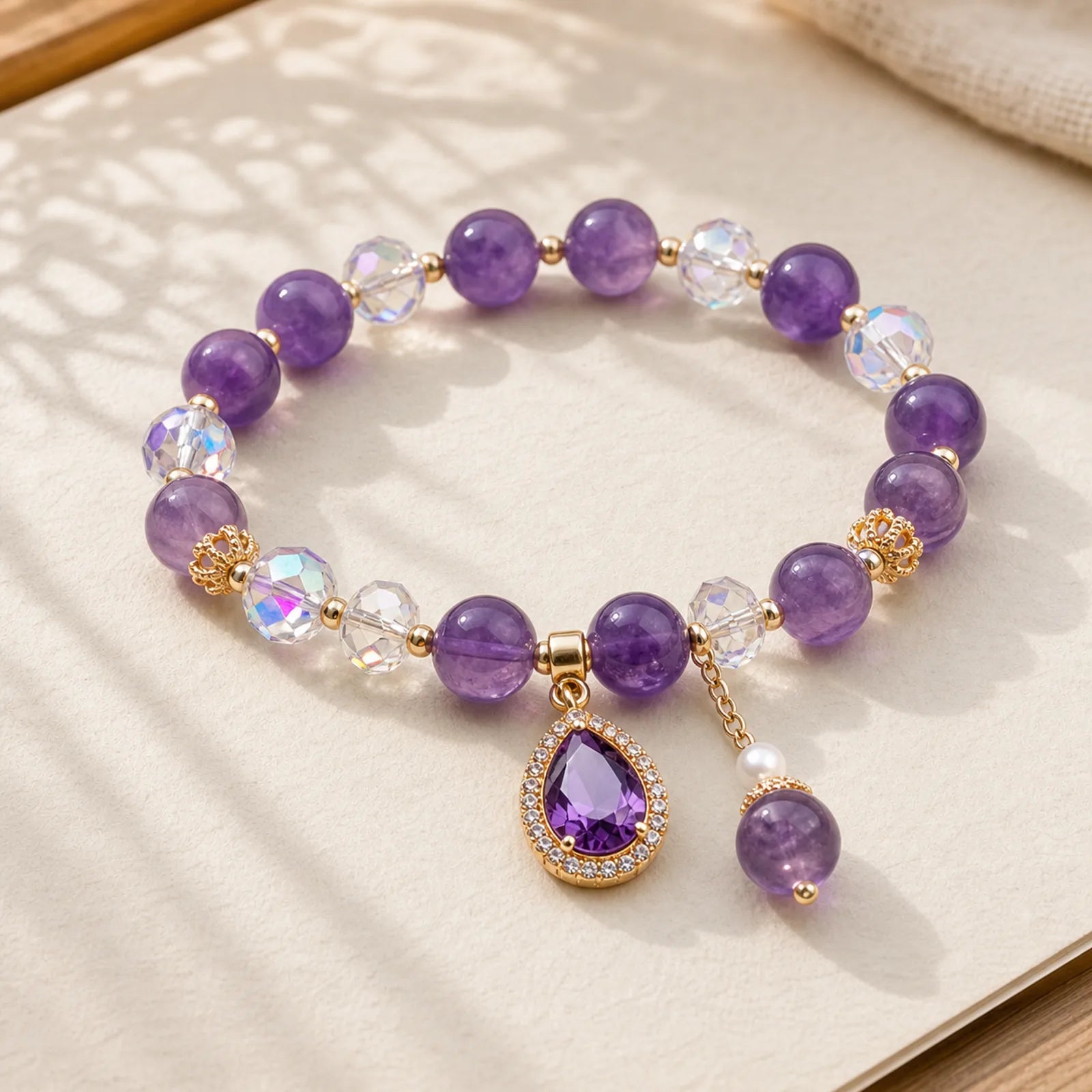 Natural Amethyst Zircon Love Heart Healing Soul Charm Bracelet featuring Amethyst
