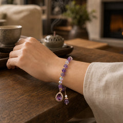 Natural Amethyst Zircon Love Heart Healing Soul Charm Bracelet featuring Amethyst
