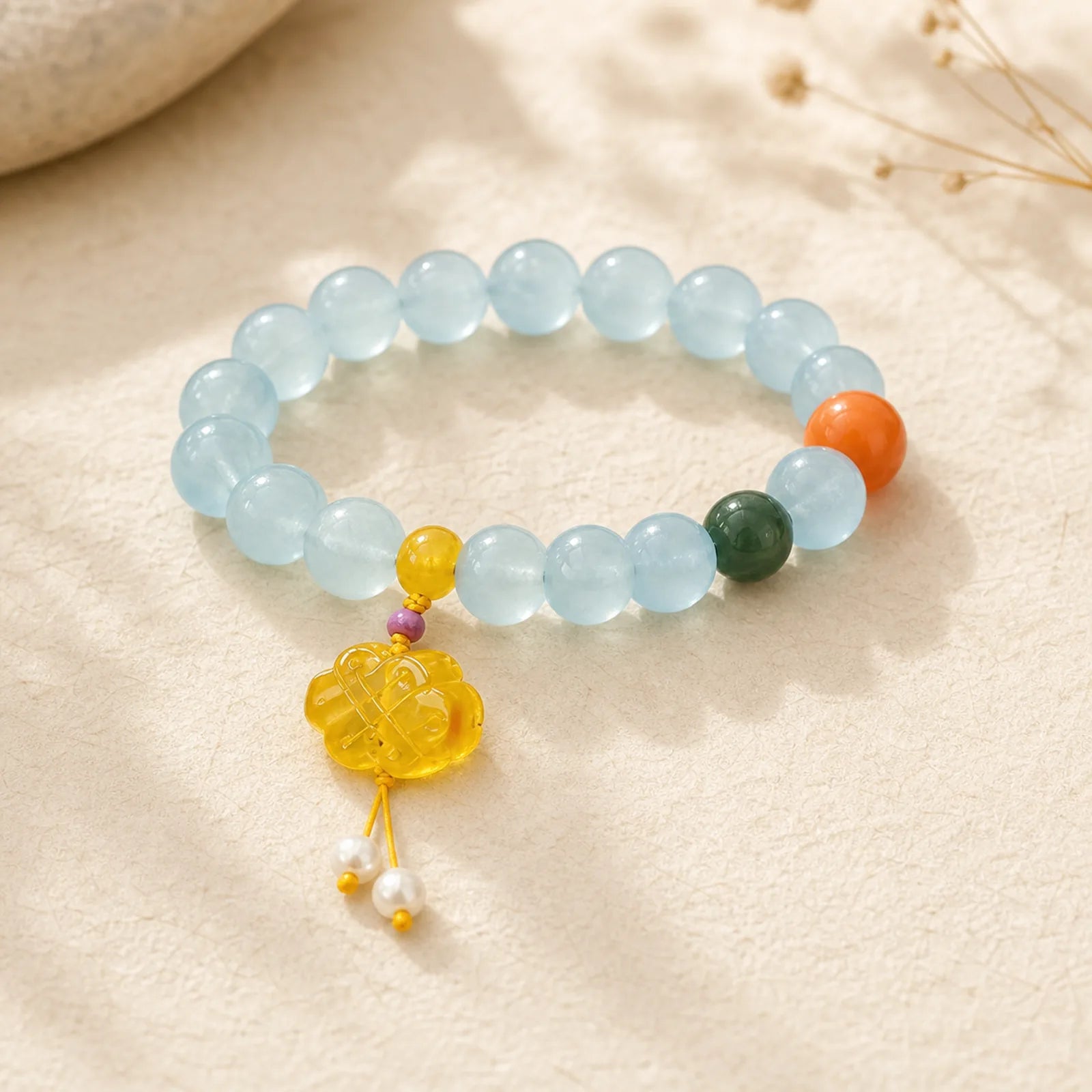 Natural Aquamarine Amber Chinese Knotting Charm Peace Bracelet featuring Aquamarine, Amber, Chinese Knotting