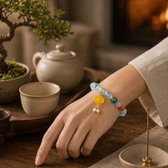 Natural Aquamarine Amber Chinese Knotting Charm Peace Bracelet featuring Aquamarine, Amber, Chinese Knotting