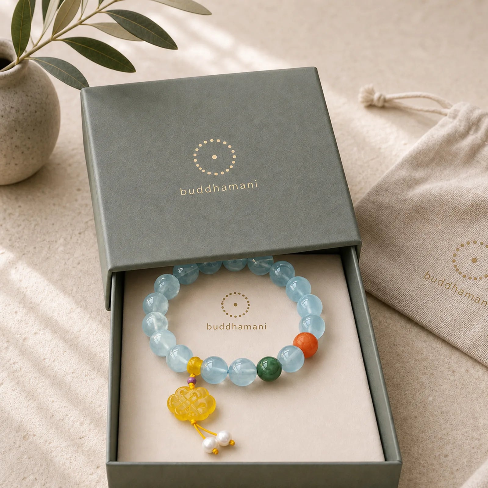 Natural Aquamarine Amber Chinese Knotting Charm Peace Bracelet featuring Aquamarine, Amber, Chinese Knotting