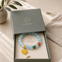 Natural Aquamarine Amber Chinese Knotting Charm Peace Bracelet featuring Aquamarine, Amber, Chinese Knotting