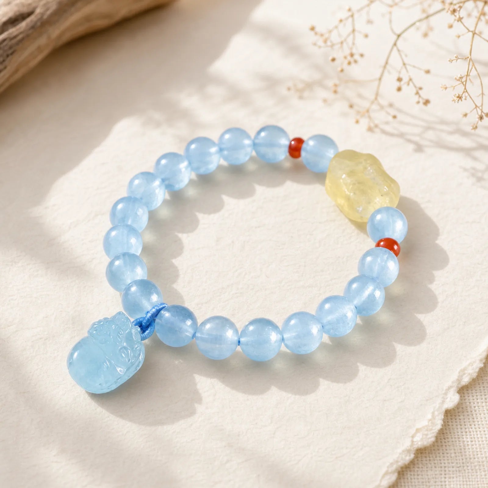Natural Aquamarine Amber Pixiu Peace Healing Charm Bracelet featuring Aquamarine, Amber, Pixiu