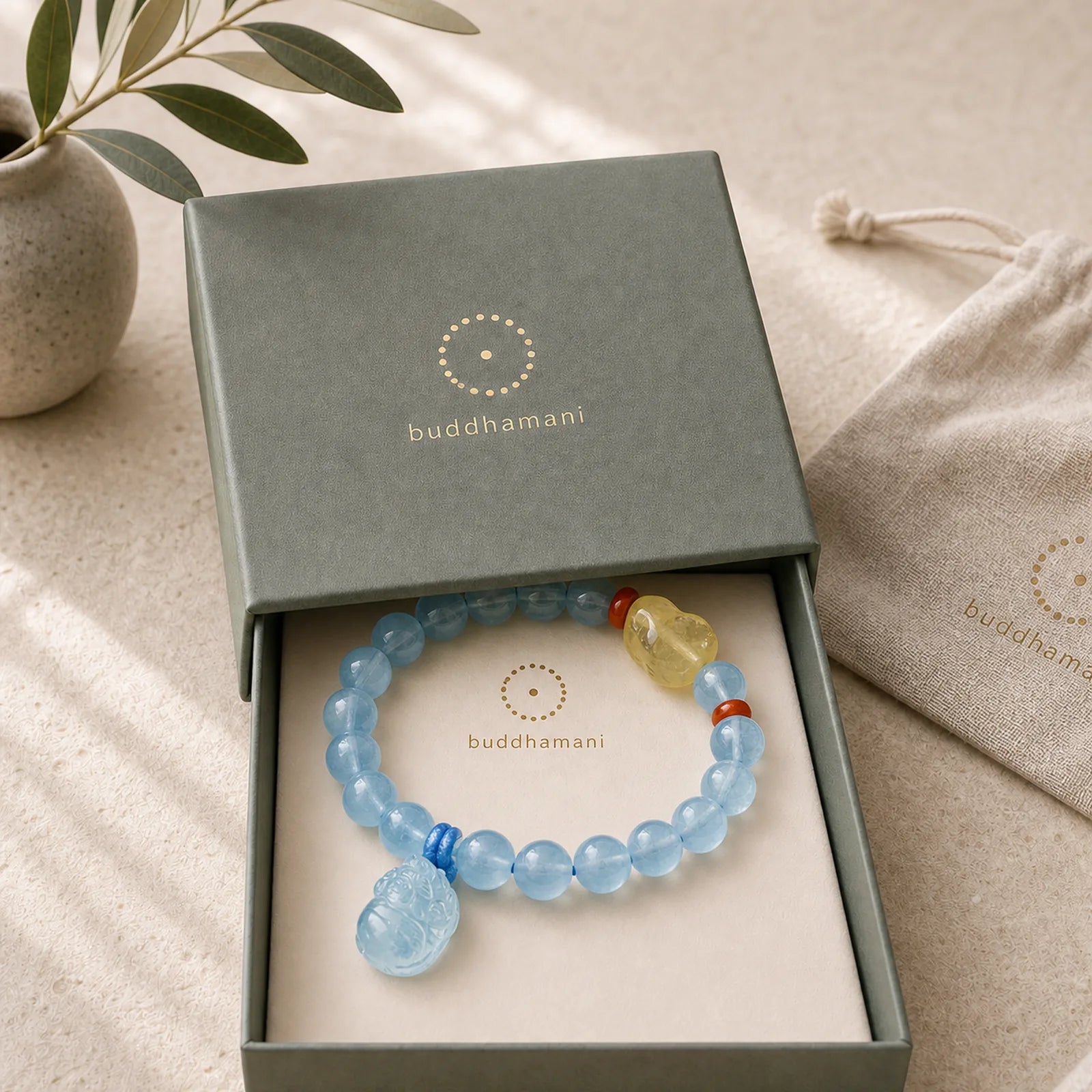 Natural Aquamarine Amber Pixiu Peace Healing Charm Bracelet featuring Aquamarine, Amber, Pixiu