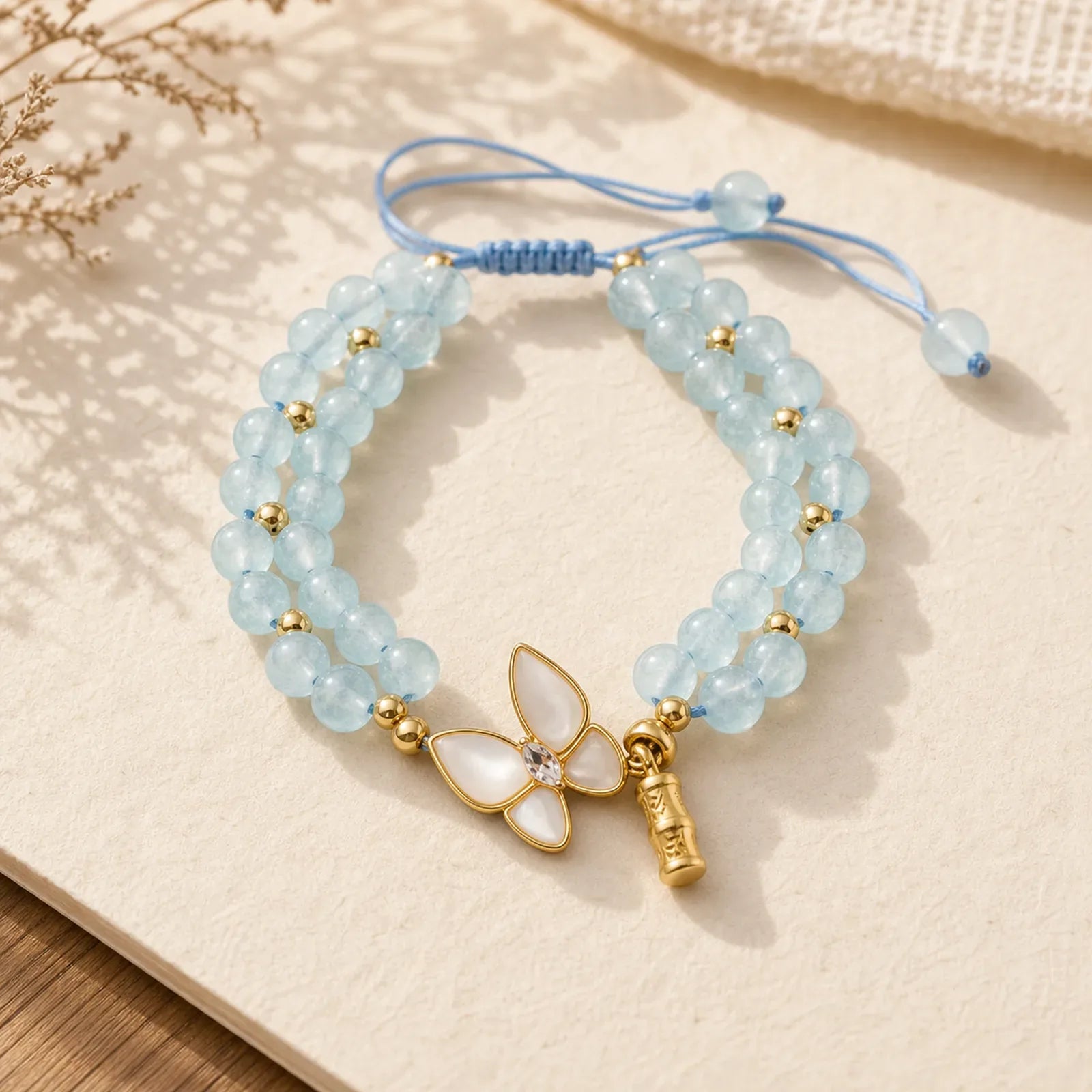 Natural Aquamarine Amethyst Moonstone Butterfly Bamboo Healing Bracelet featuring Aquamarine, Amethyst, Moonstone