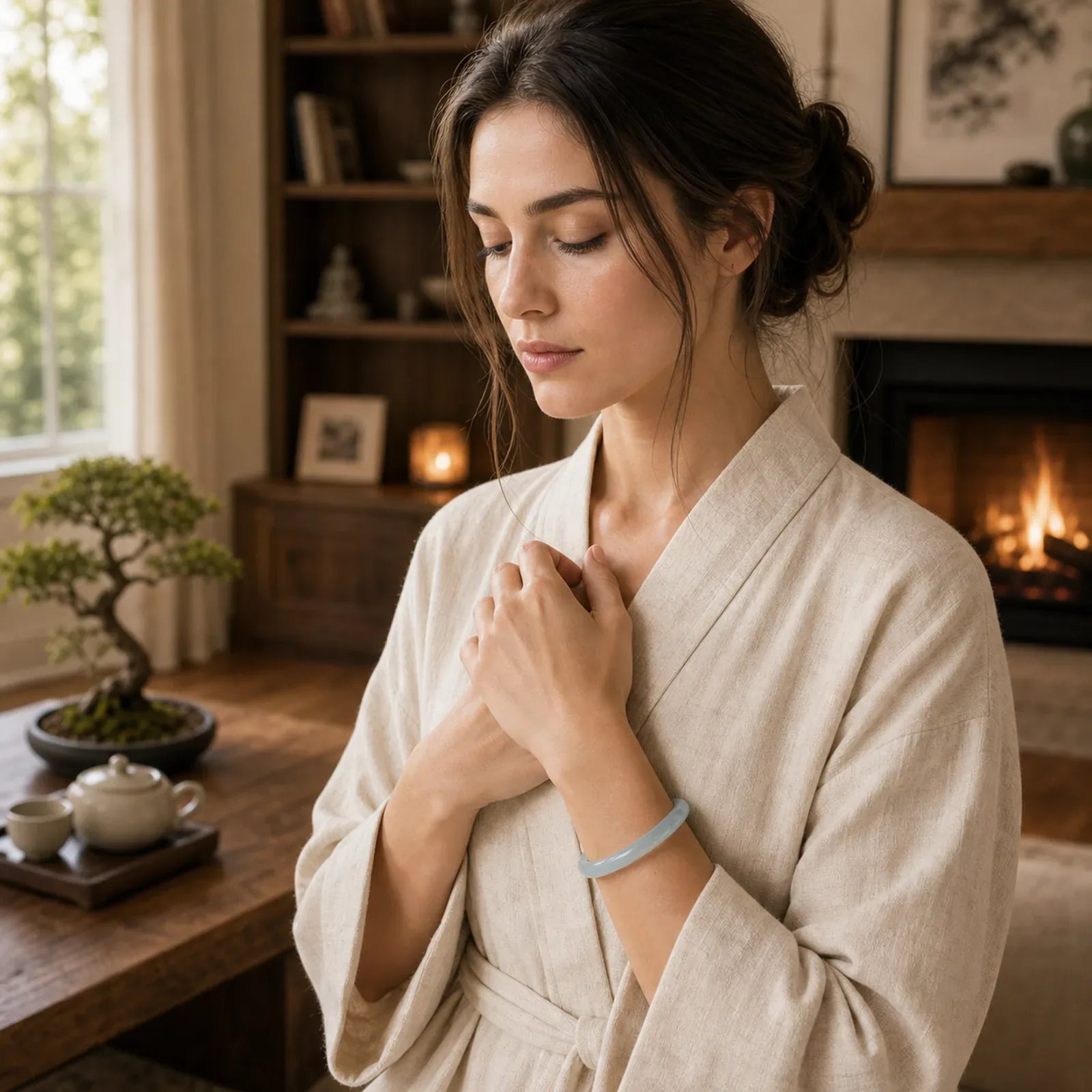 Natural Aquamarine Blessing Bangle Bracelet (Extra 30% Off | USE CODE: FS30) featuring Aquamarine, Jade
