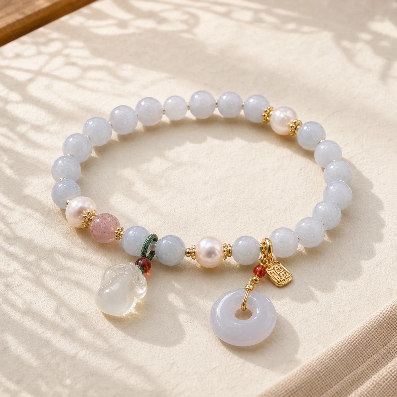 Natural Aquamarine Chalcedony Serenity Rabbit Gourd Cat Charm Bracelet featuring Aquamarine, Chalcedony, Peace Buckle