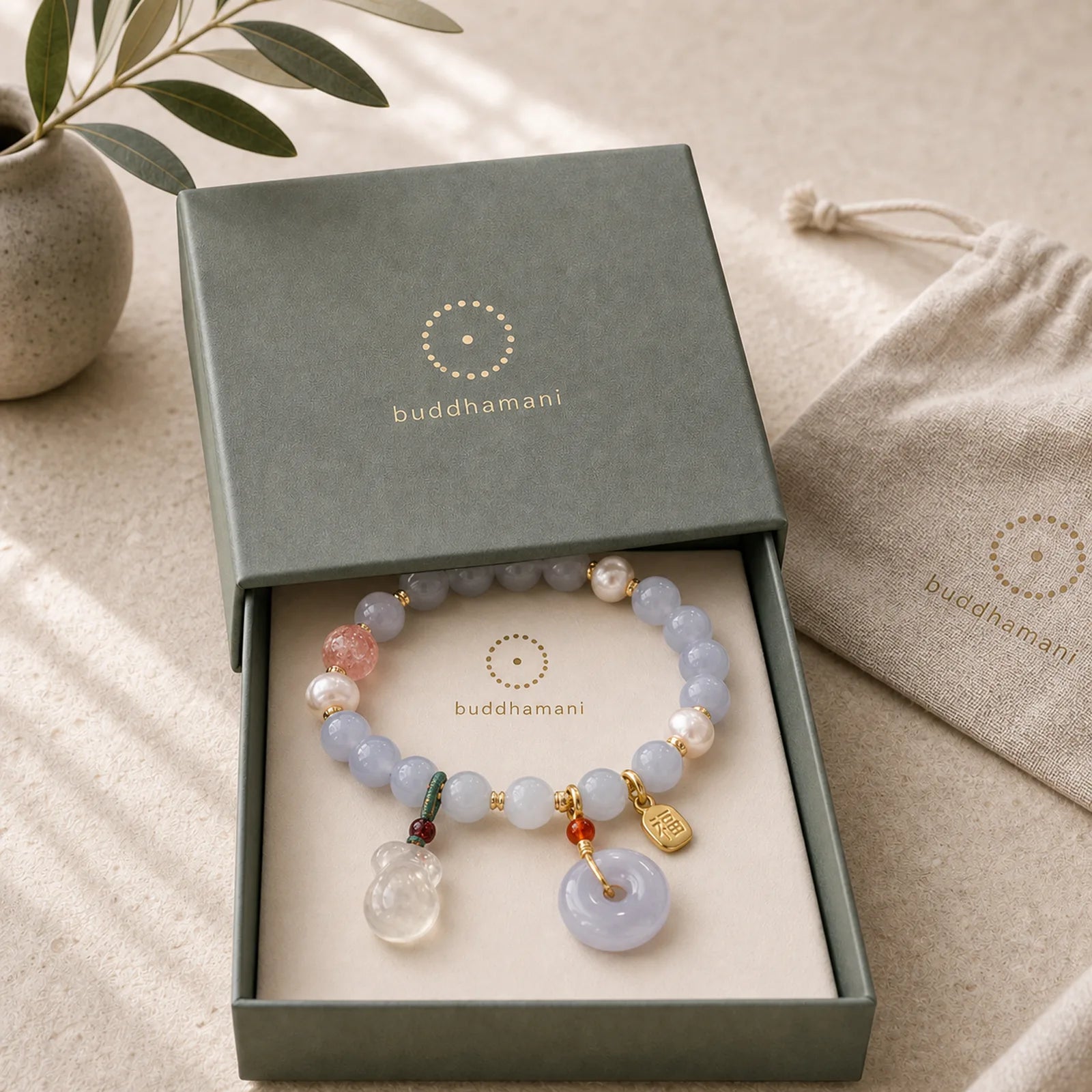 Natural Aquamarine Chalcedony Serenity Rabbit Gourd Cat Charm Bracelet featuring Aquamarine, Chalcedony, Peace Buckle