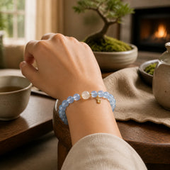Natural Aquamarine Fu Character Lucky Fortune Healing Bracelet featuring Aquamarine, Fu Character, Clear Quartz / White Crystal