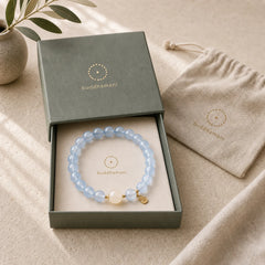 Natural Aquamarine Fu Character Lucky Fortune Healing Bracelet featuring Aquamarine, Fu Character, Clear Quartz / White Crystal