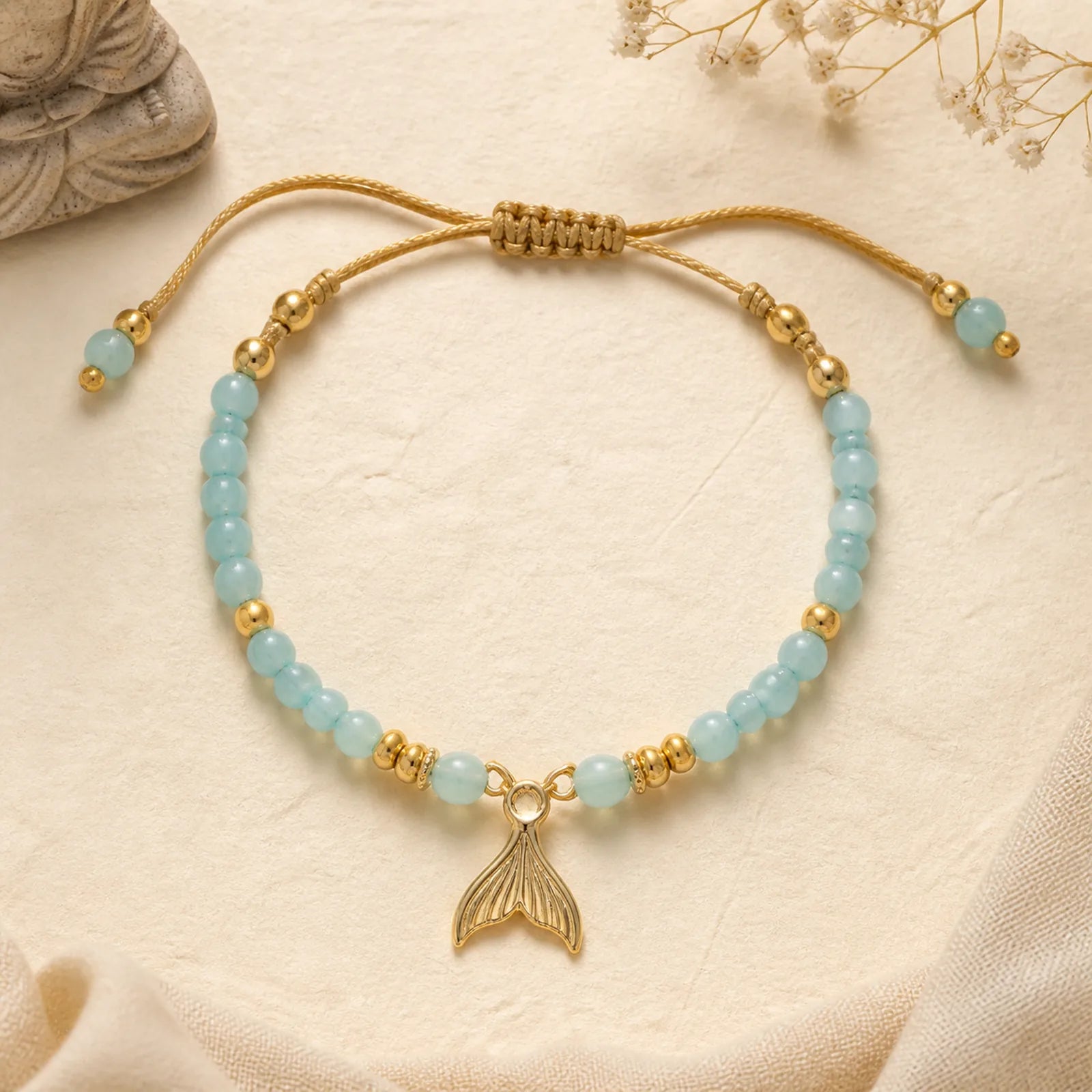 Natural Aquamarine Gold-Plated Copper Fish Tail Serenity Bracelet featuring Aquamarine, Copper