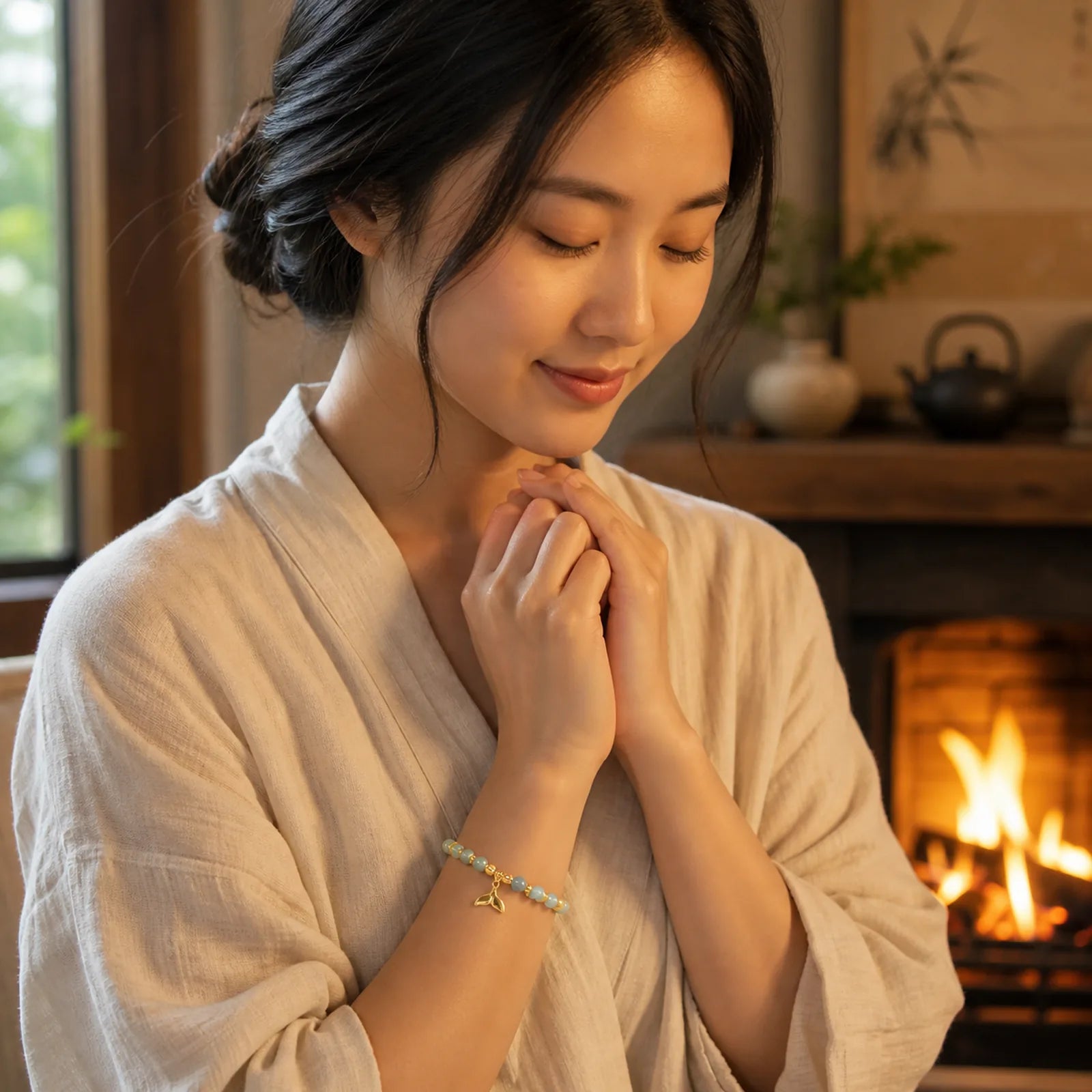 Natural Aquamarine Gold-Plated Copper Fish Tail Serenity Bracelet featuring Aquamarine, Copper