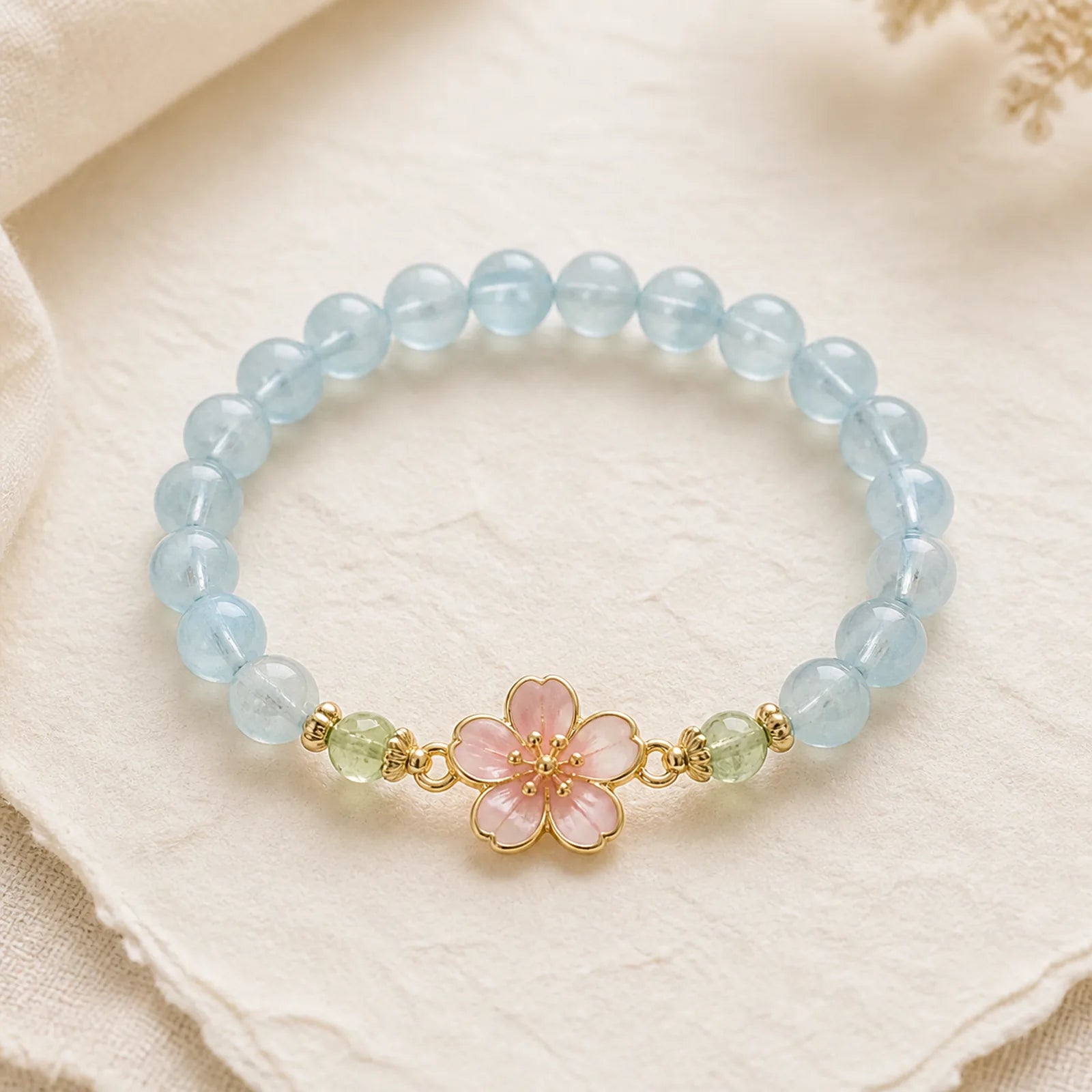 Natural Aquamarine Gold-Plated Copper Flower Healing Bracelet featuring Aquamarine, Copper