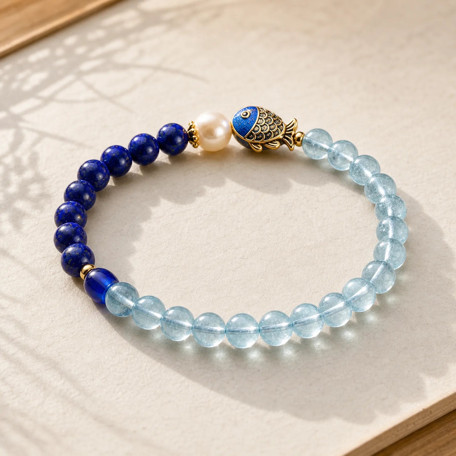 Natural Aquamarine Lazurite Lapis Lazuli Fish Healing Bracelet featuring Aquamarine, Lapis Lazuli (Lazurite)