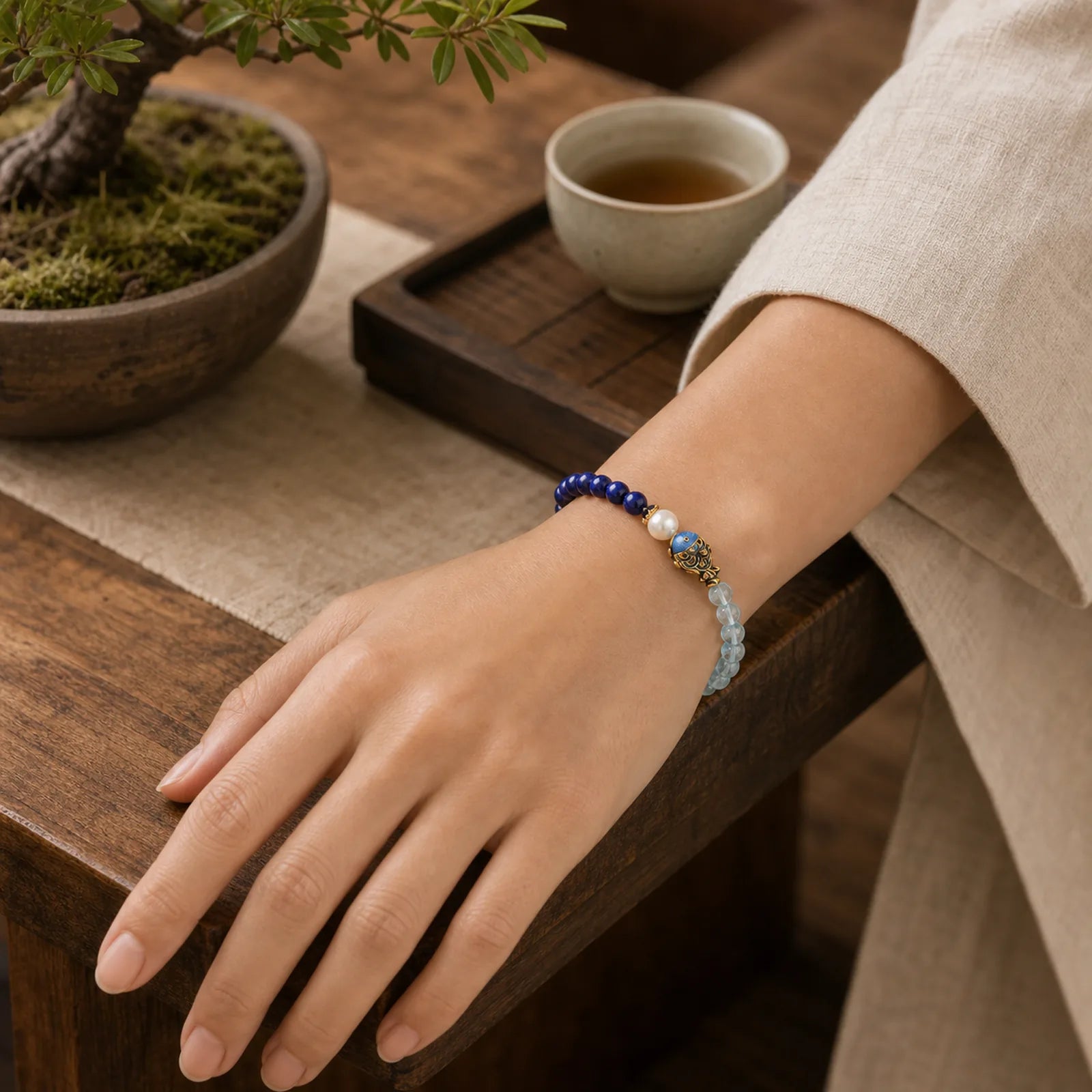 Natural Aquamarine Lazurite Lapis Lazuli Fish Healing Bracelet featuring Aquamarine, Lapis Lazuli (Lazurite)