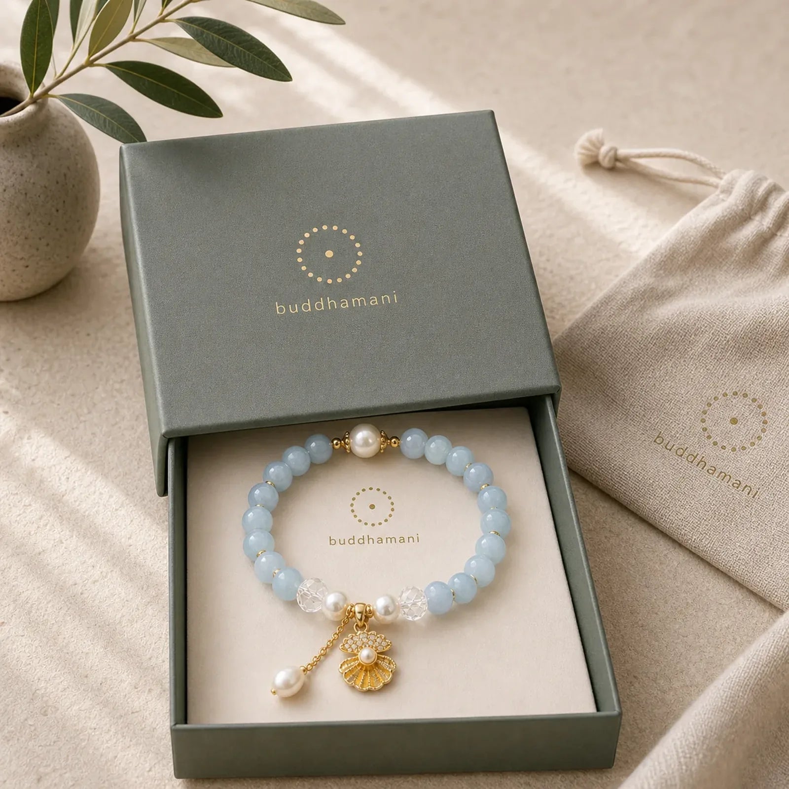 Natural Aquamarine Pearl Shell Healing Bead Bracelet featuring Aquamarine, Pearl
