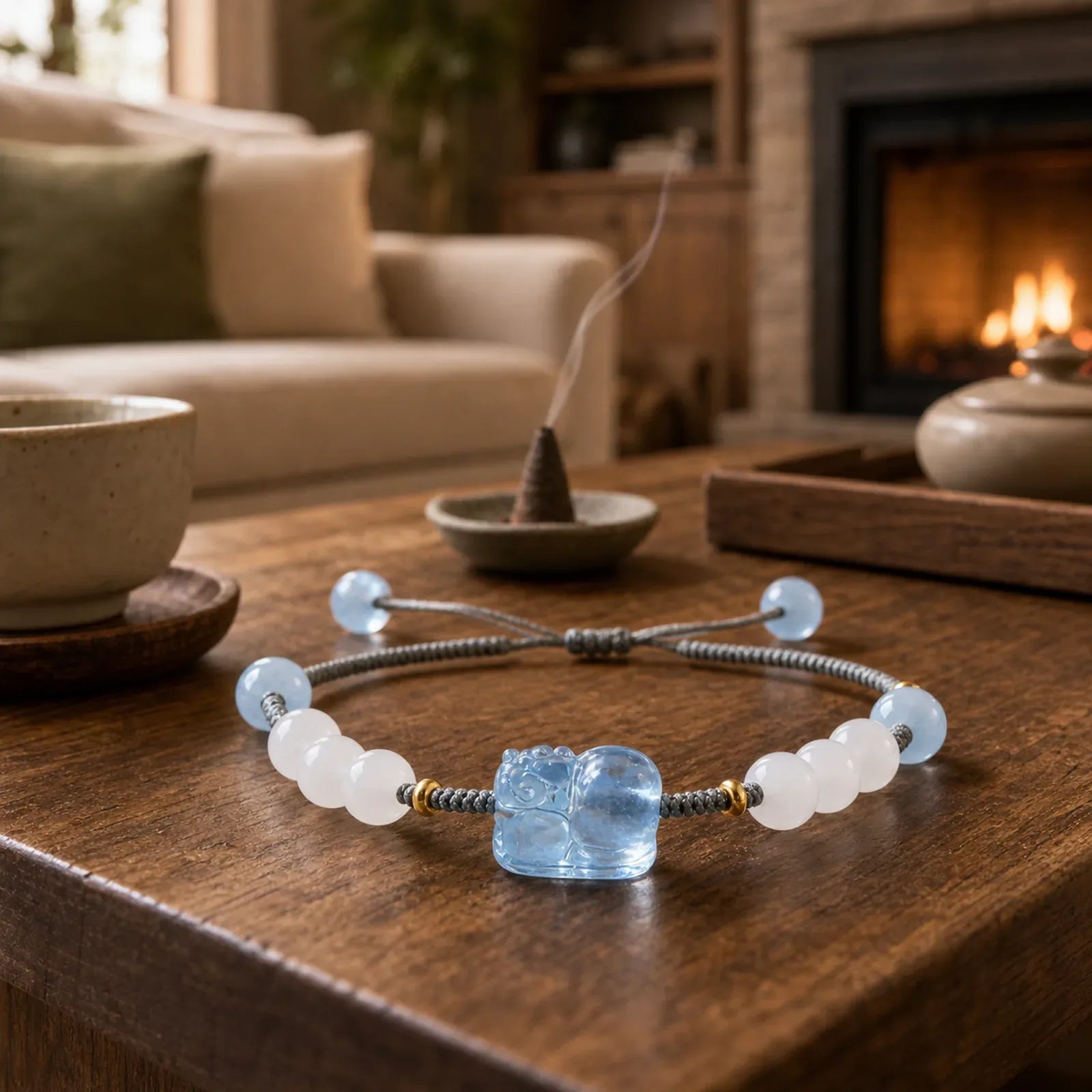 Natural Aquamarine PiXiu Hetian White Jade Healing Bracelet featuring Aquamarine, Pixiu, White Jade