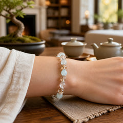 Natural Aquamarine Super Seven Crystal Sparkling Faceted Bead Peace Bracelet featuring Aquamarine, Super Seven Crystal, Amethyst