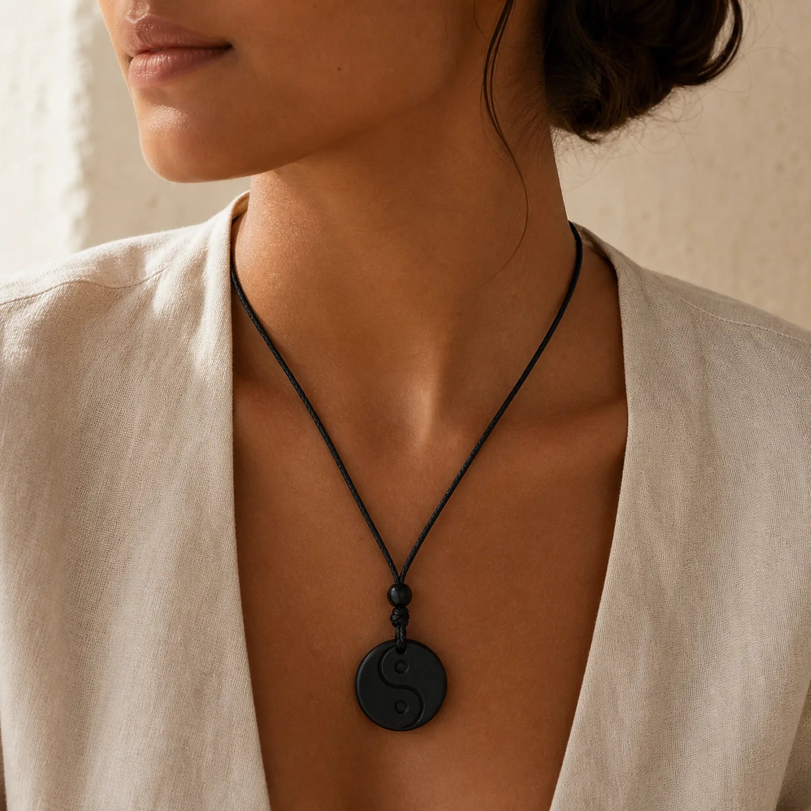 Natural Authentic Shungite Stone Carved Yin Yang Protection Necklace Pendant featuring Bagua, Shungite Stone (Graphite Stone), Yin Yang Symbol