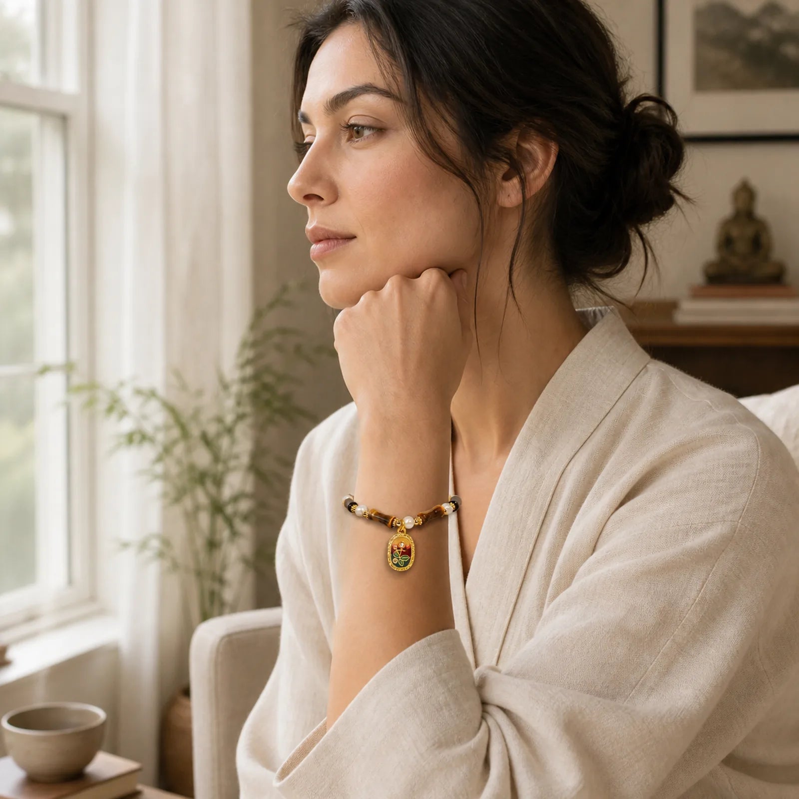 Natural Bamboo Tiger Eye Pearl Strength Bracelet featuring Bamboo, Tiger Eye, Pearl