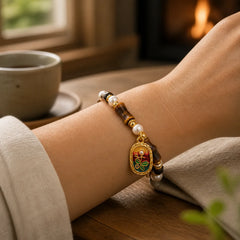 Natural Bamboo Tiger Eye Pearl Strength Bracelet featuring Bamboo, Tiger Eye, Pearl