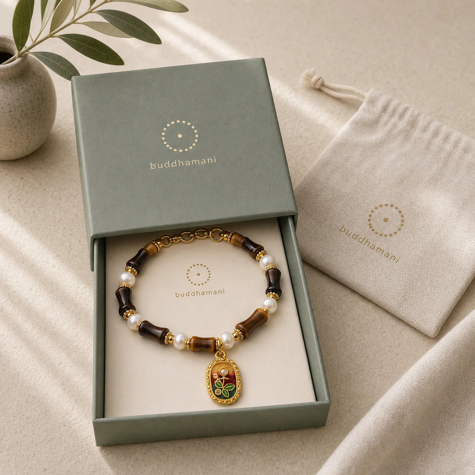 Natural Bamboo Tiger Eye Pearl Strength Bracelet featuring Bamboo, Tiger Eye, Pearl