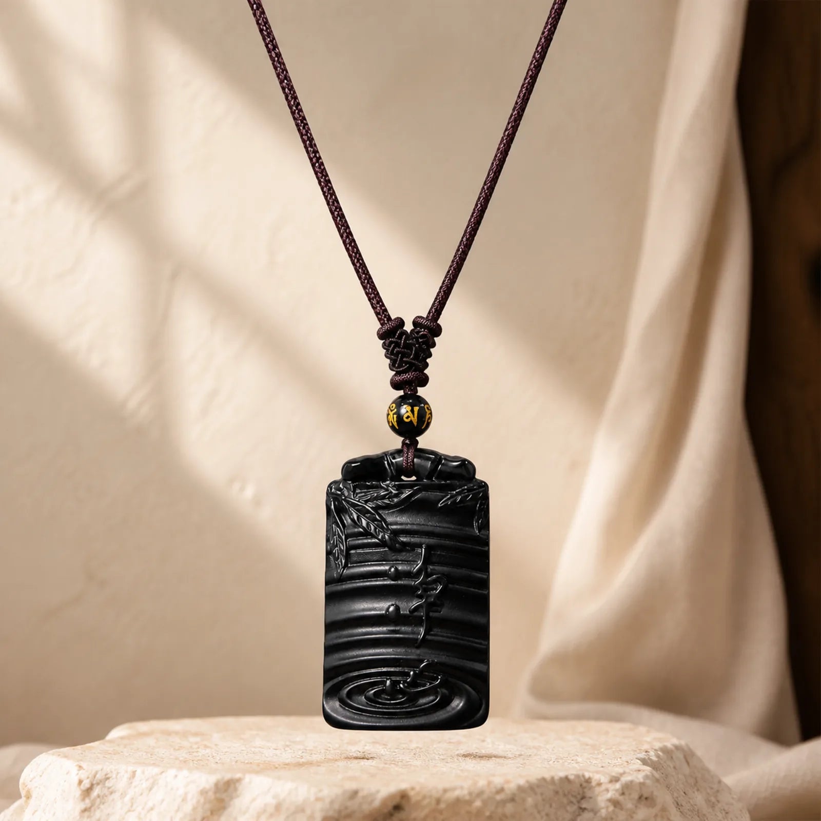 Natural Black Obsidian Bamboo Fulfillment Necklace Pendant featuring Black Obsidian, Bamboo