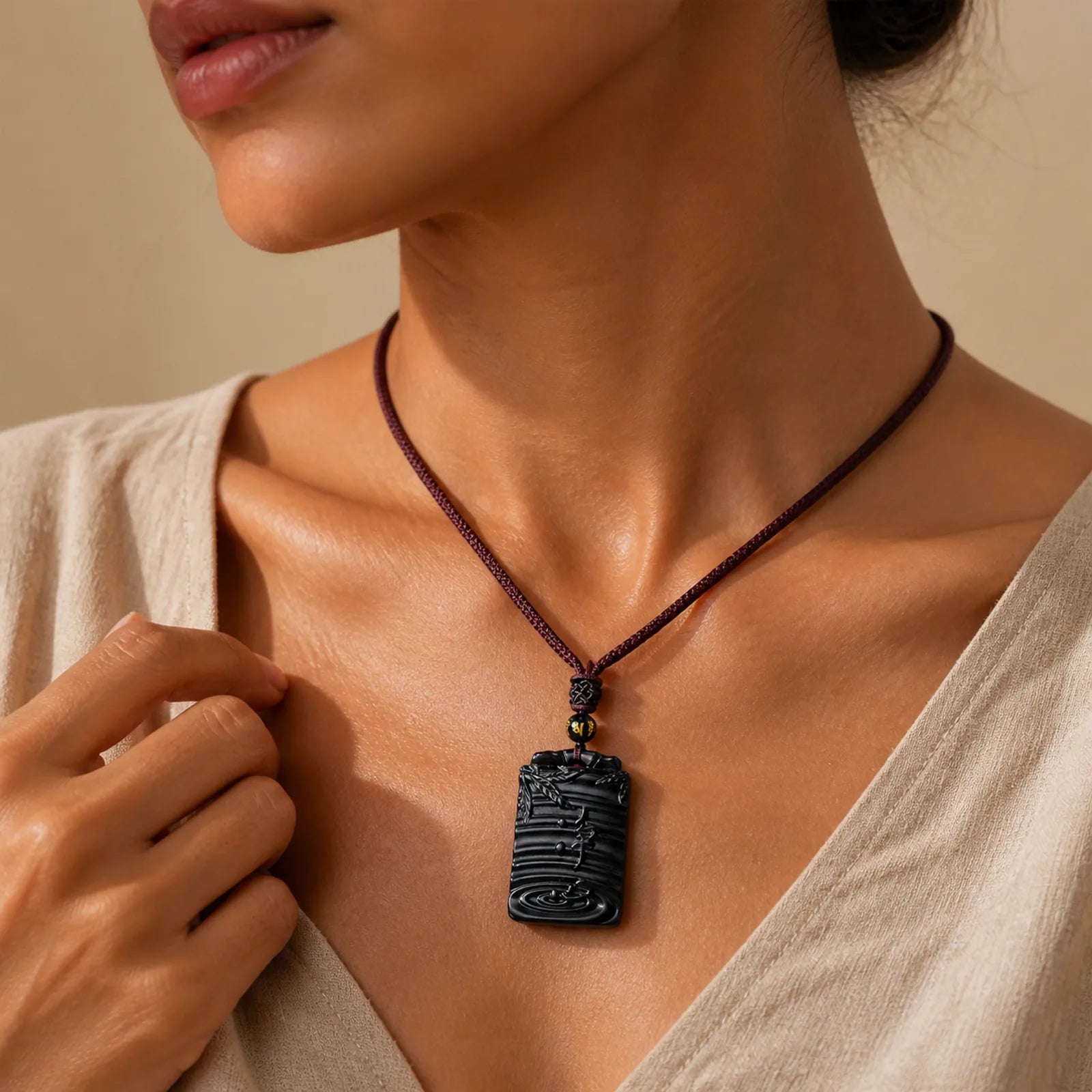 Natural Black Obsidian Bamboo Fulfillment Necklace Pendant featuring Black Obsidian, Bamboo
