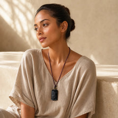 Natural Black Obsidian Bamboo Fulfillment Necklace Pendant featuring Black Obsidian, Bamboo