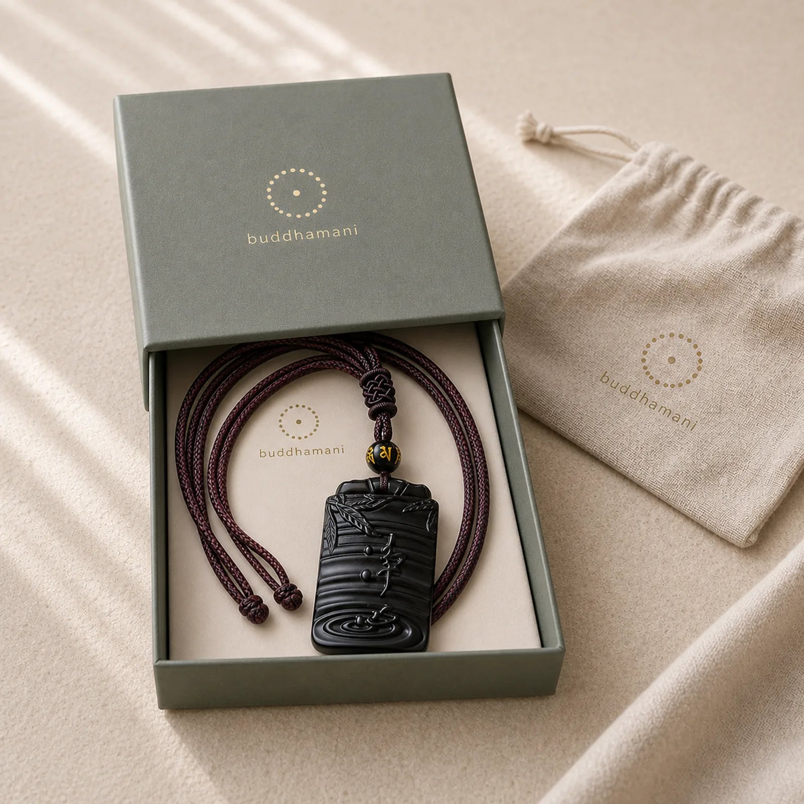 Natural Black Obsidian Bamboo Fulfillment Necklace Pendant featuring Black Obsidian, Bamboo